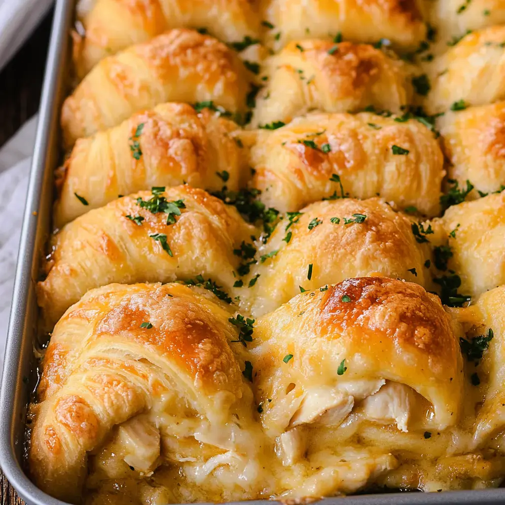 Golden crescent rolls stuffed with cheese and chicken in a pan, sprinkled with parsley up close.