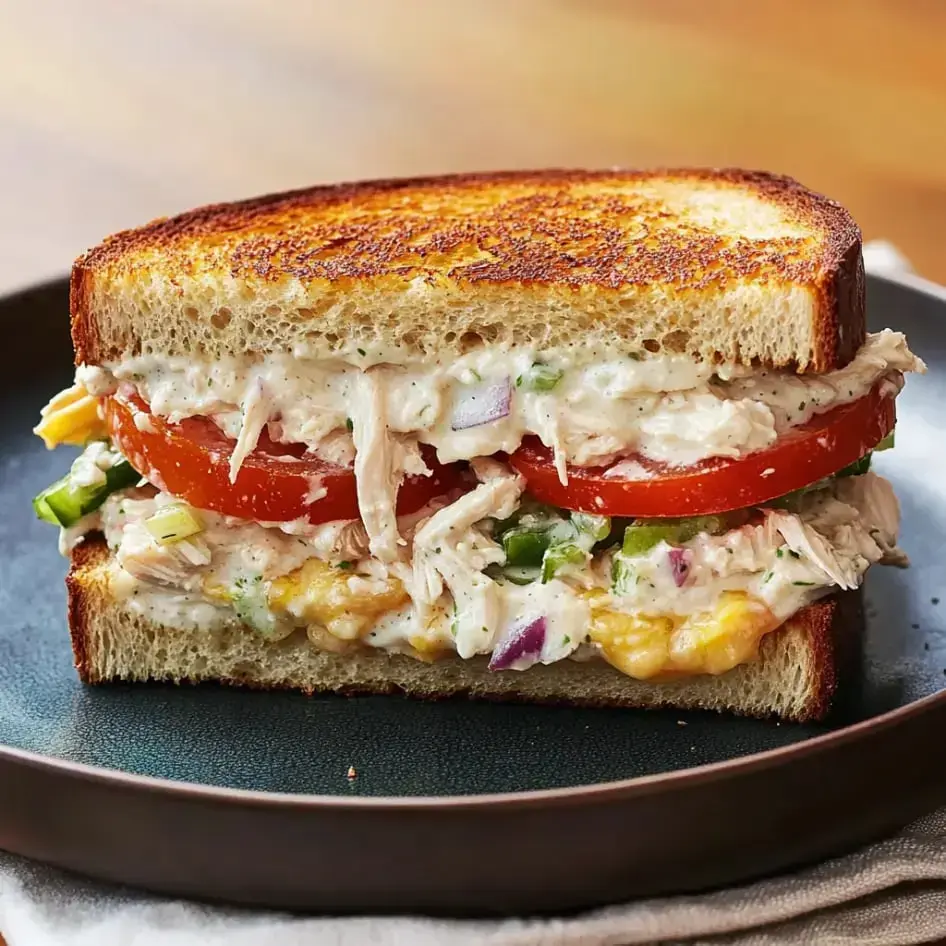 A grilled sandwich with chicken, fresh veggies, and a creamy dressing on whole grain bread.