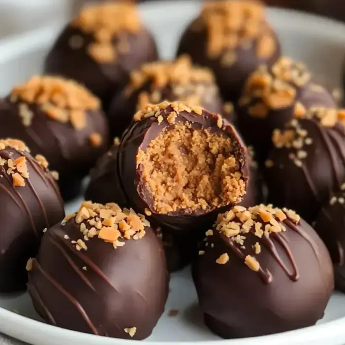 Chocolate dessert balls, some with crushed nuts, showing one bitten into with a creamy center.