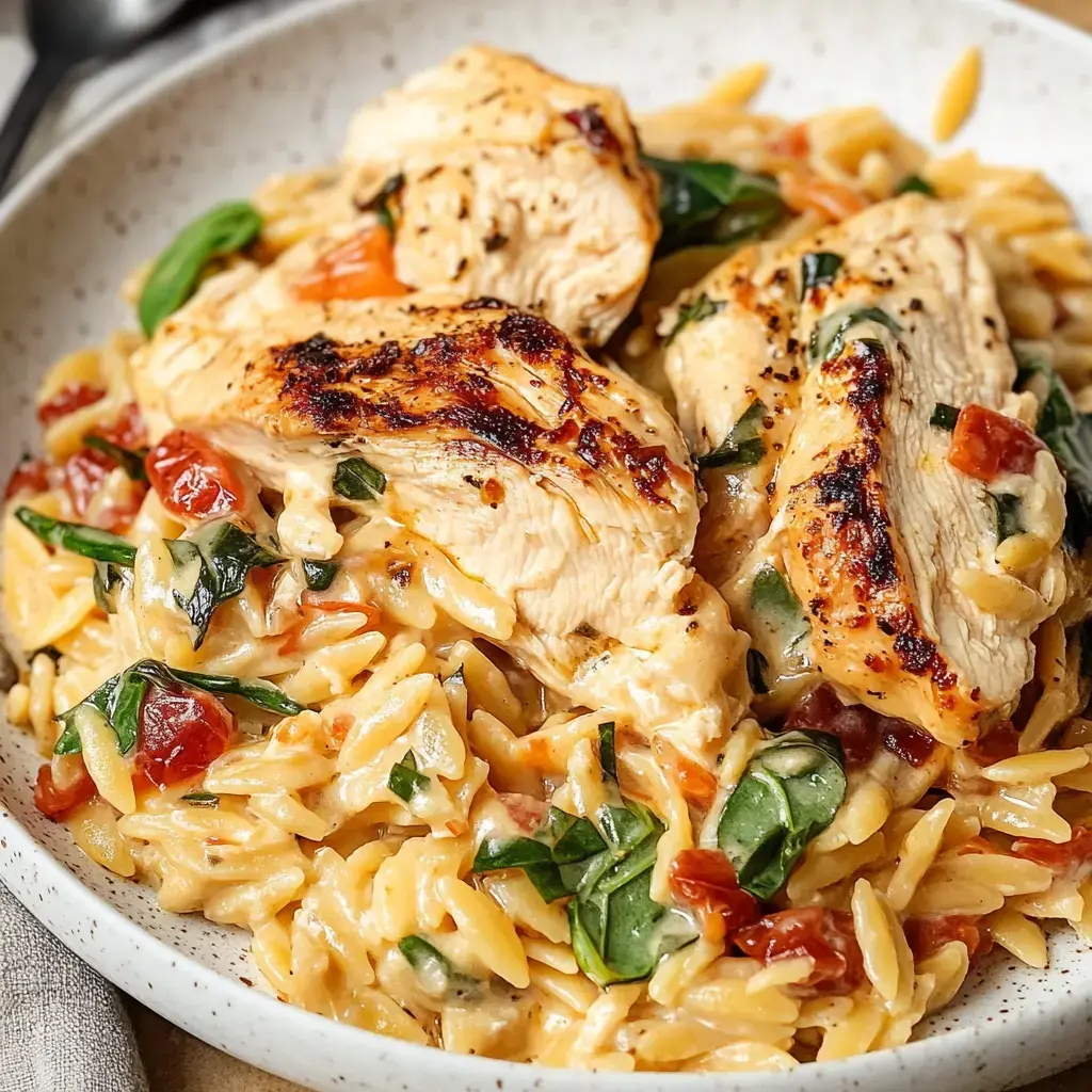 Creamy orzo pasta in a bowl, loaded with grilled chicken, spinach, and sun-dried tomatoes.