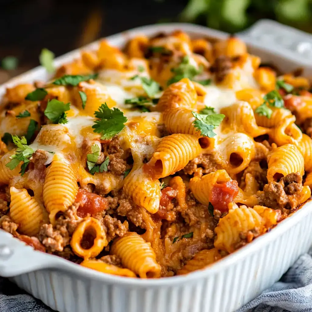 Baked pasta shells, ground beef, gooey cheese, and fresh cilantro on top.