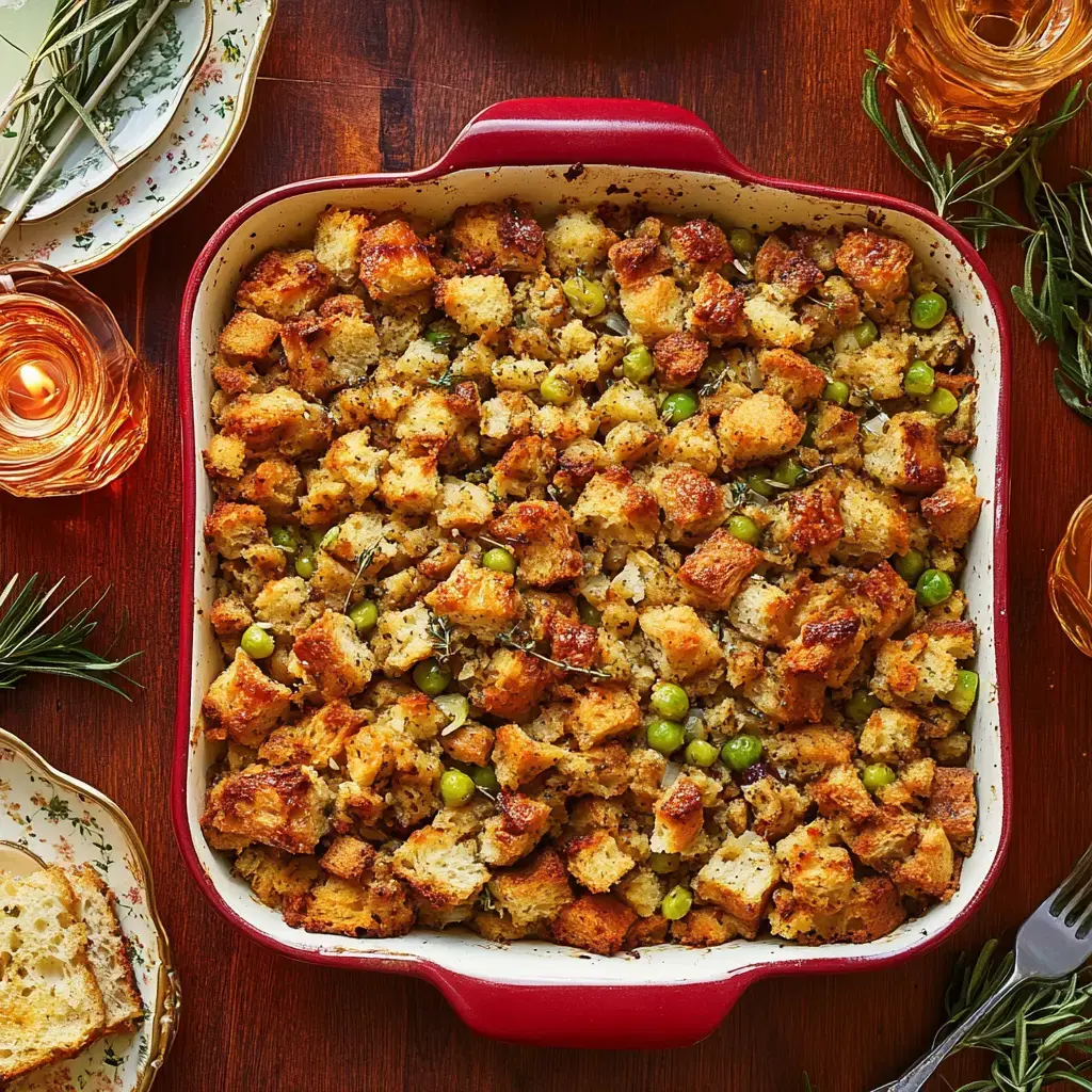 Stuffing baked to a golden brown, with peas peeking through, in a red dish surrounded by candles and plates on a wood table.