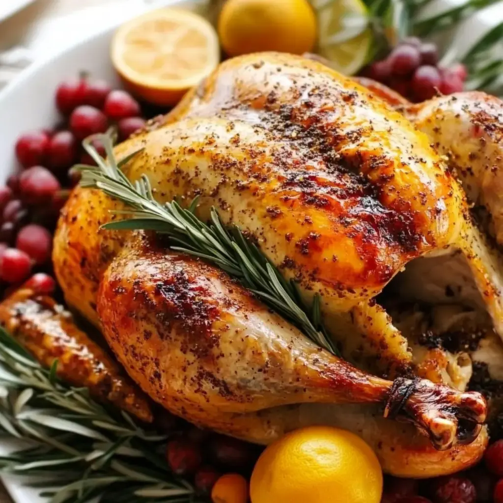 Golden brown turkey with rosemary, lemons, and grapes on the side