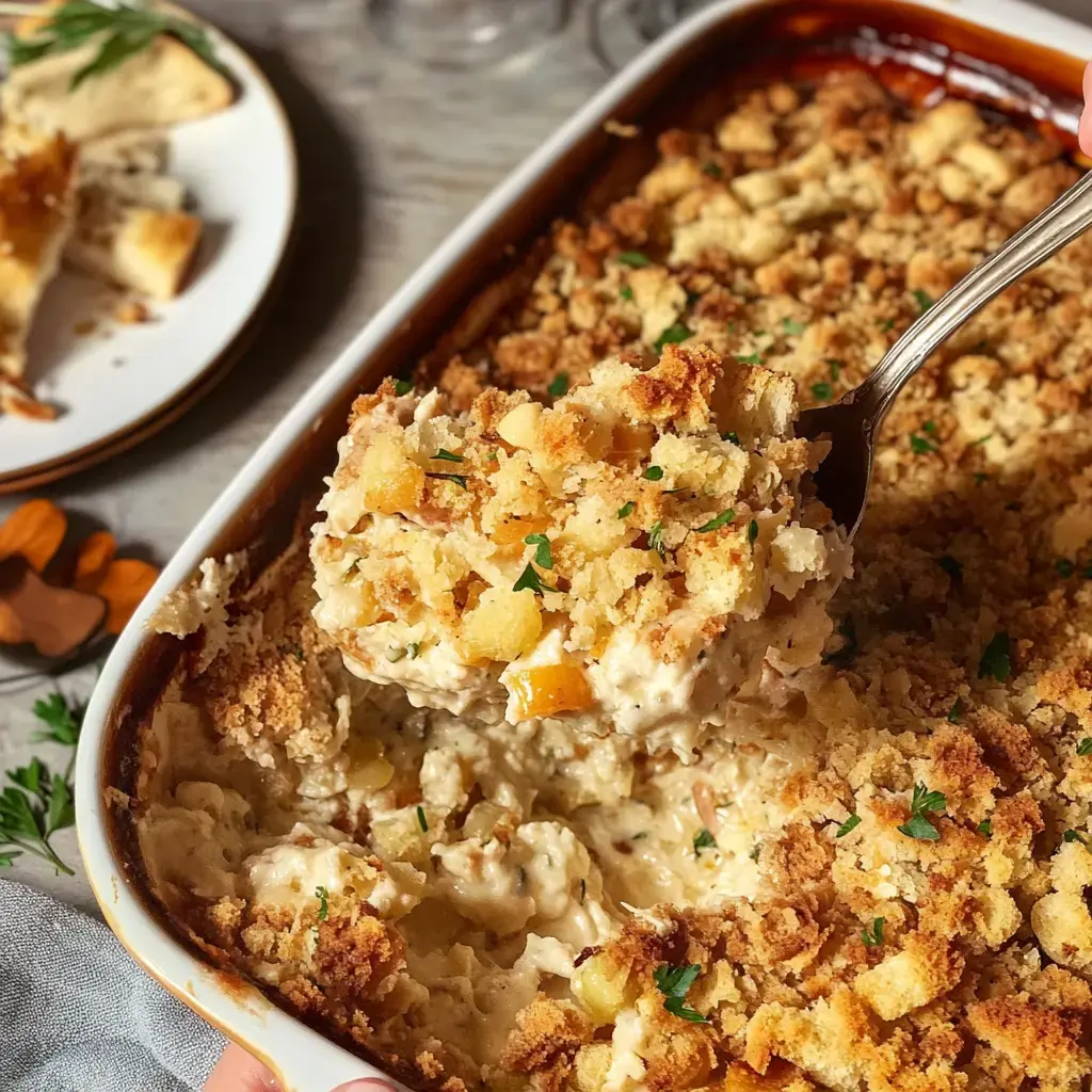 Golden crispy-topped casserole being scooped, some bread and a plate beside it on the table.