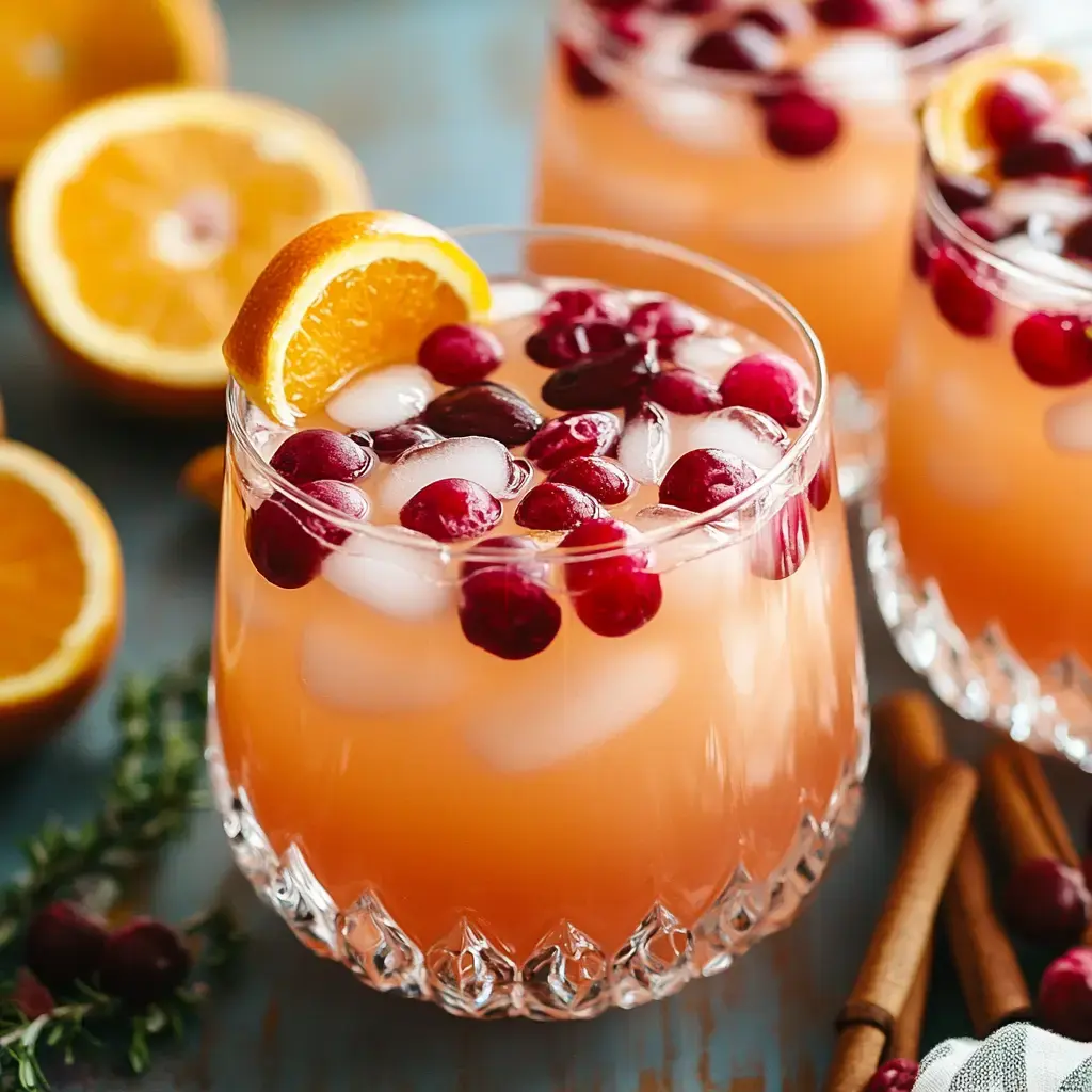 Glasses packed with a fruity, fizzy drink, topped with cranberries and orange slices, oranges and cinnamon scattered nearby.