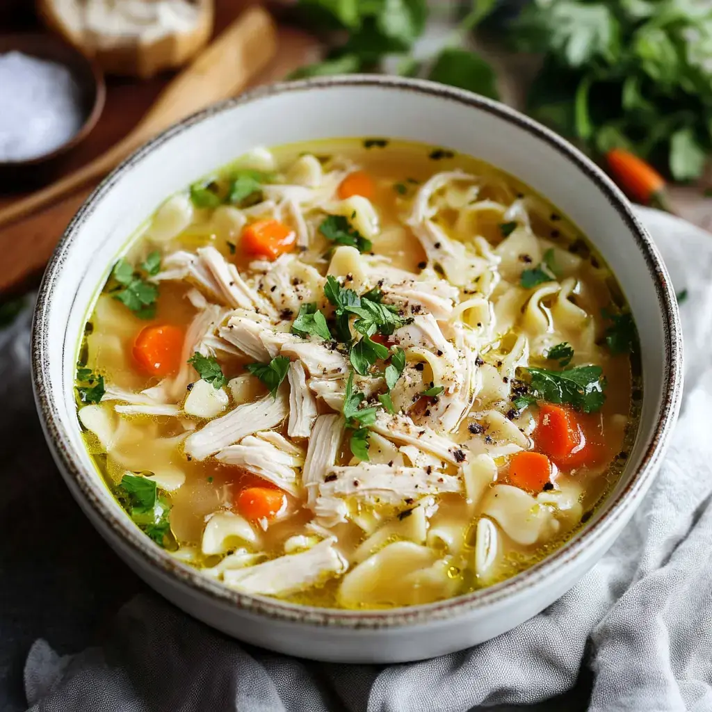 Chicken noodle soup in a bowl, loaded with shredded chicken and carrots, topped with fresh cilantro.