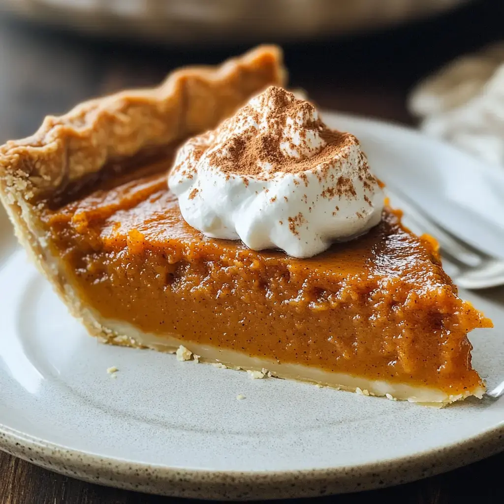 A piece of pumpkin pie with whipped cream and cinnamon on a tan plate.