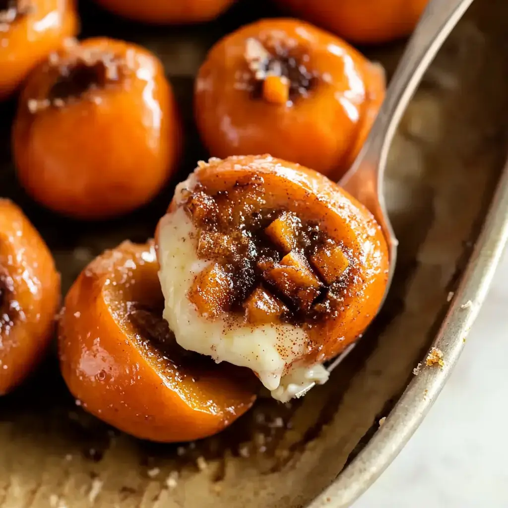 Sweet baked peaches stuffed with cinnamon sugar and creamy goodness, all served up on a plate.