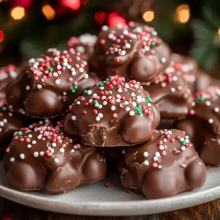 Chocolates covered in red, green, and white sprinkles, piled up for the holidays.