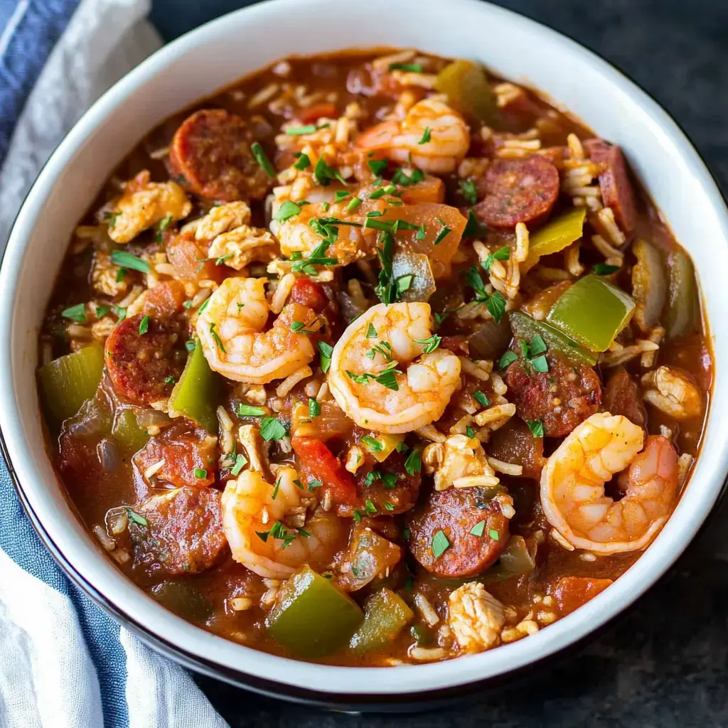 Big bowl full of rice, green peppers, shrimp, sausage, and herbs, finished with some fresh parsley on top.