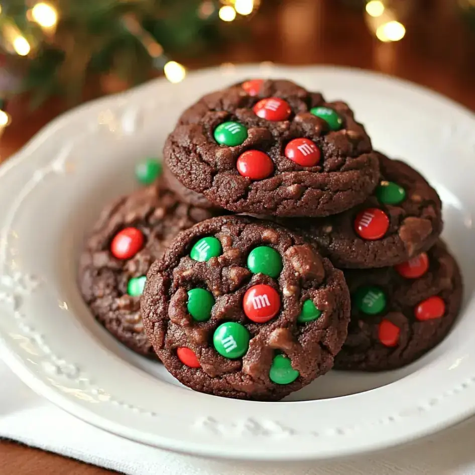Festive plate of chocolate cookies with red and green candy bits on top, background sparkling with holiday flair.