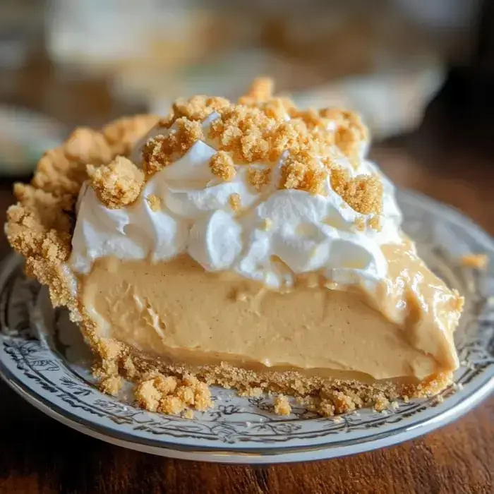 A rich slice topped with clouds of whipped cream and chunks of crumble on a pretty plate.