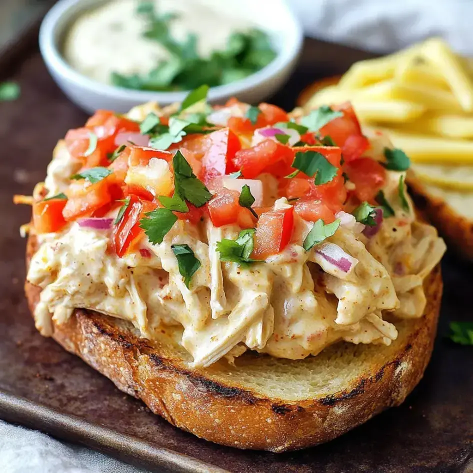 Toasted bread stacked with shredded chicken, tomatoes, onions, and cilantro beside a little sauce dip and some fries.
