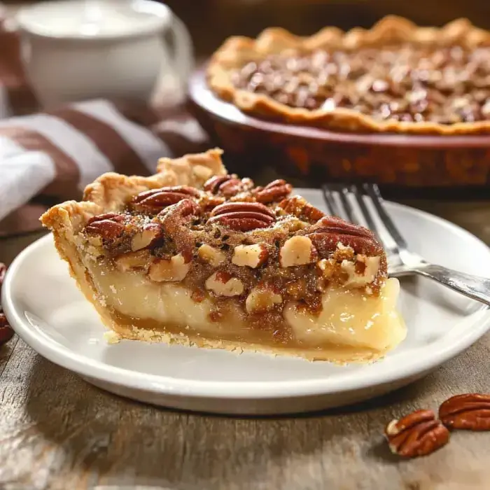 You see a slice of rich pecan pie on a simple plate, with whole pecans stacked on the top and a fork nearby. A few loose nuts are scattered on a wooden table.