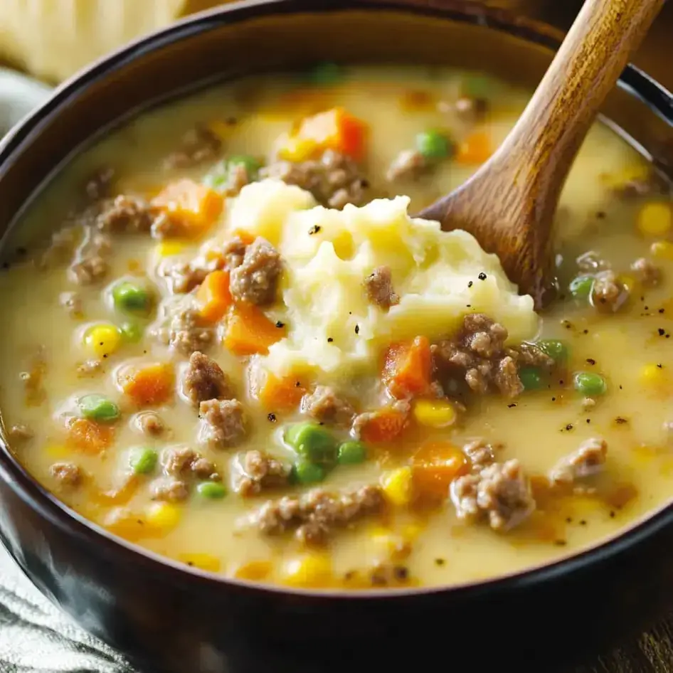 Creamy soup with beef, veggies and mashed potatoes in a bowl, plus a wooden spoon on the side.