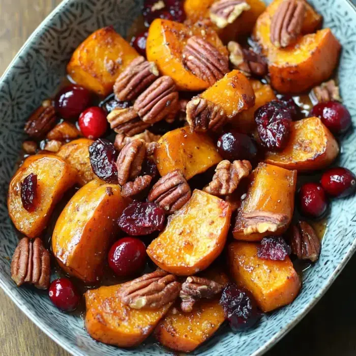 Chopped roasted butternut squash with cranberries and pecans tossed in a bowl, shiny with glaze.