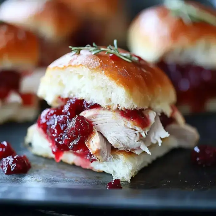 Zoomed in sandwich with turkey and cranberry, topped with rosemary.