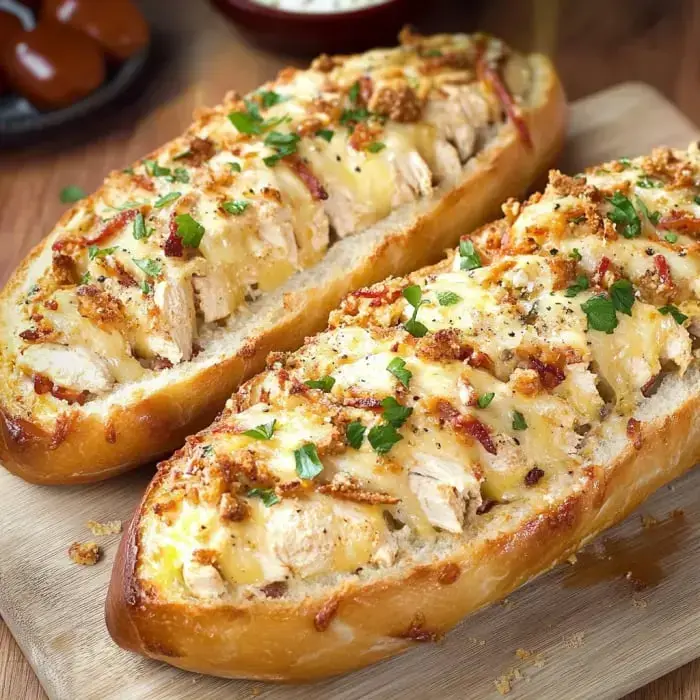 Two golden loaves with cheesy chicken, bacon, and herbs on a wooden board.