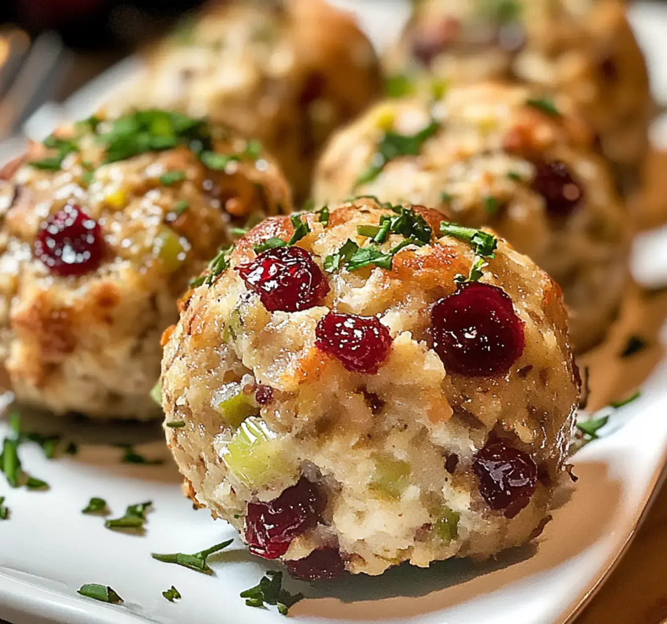 Yummy golden stuffing balls packed with cranberries and herbs, sitting on a white plate.