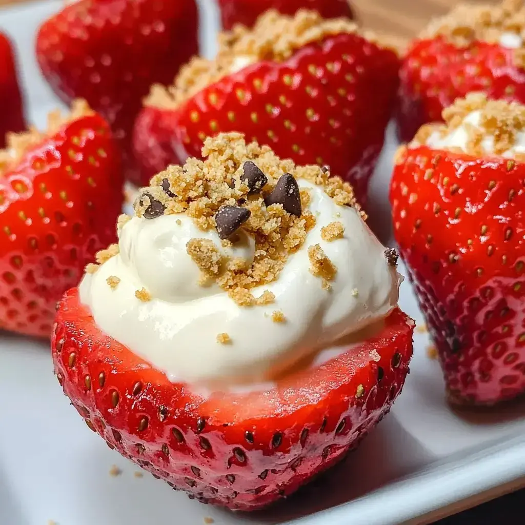 Close view of strawberries stuffed with creamy filling, topped with cookie and chocolate bits.