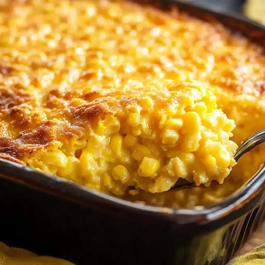 Golden corn bake with a spoon serving up a slice, edges crisp and delicious.