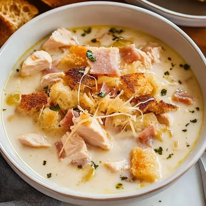 Creamy soup in a bowl with chunks of ham, chicken, cheese, croutons, and herbs on top.
