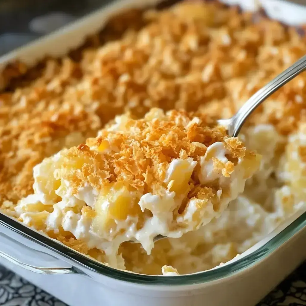 Spoon digging into creamy, cheesy potatoes with golden crispy topping, bits of pineapple peeking out, rest of the dish in the background.