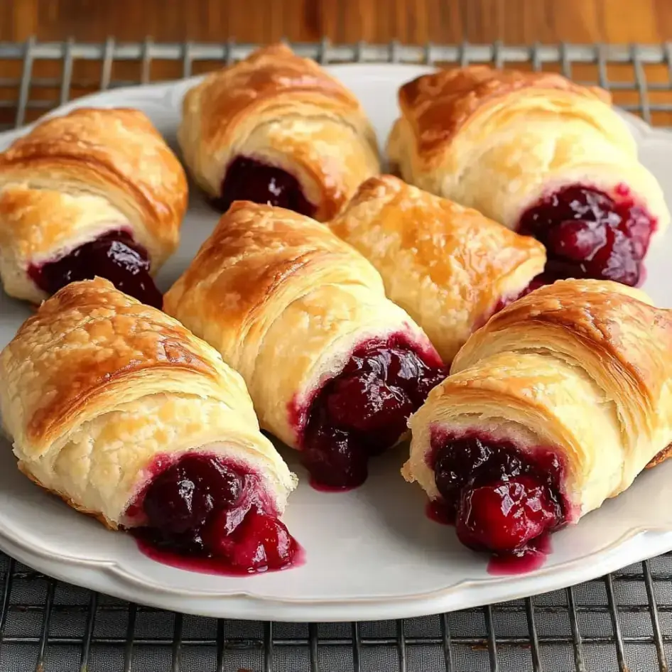 Fresh-baked pastries filled with cherries and creamy cheese, some juices peeking out the sides.