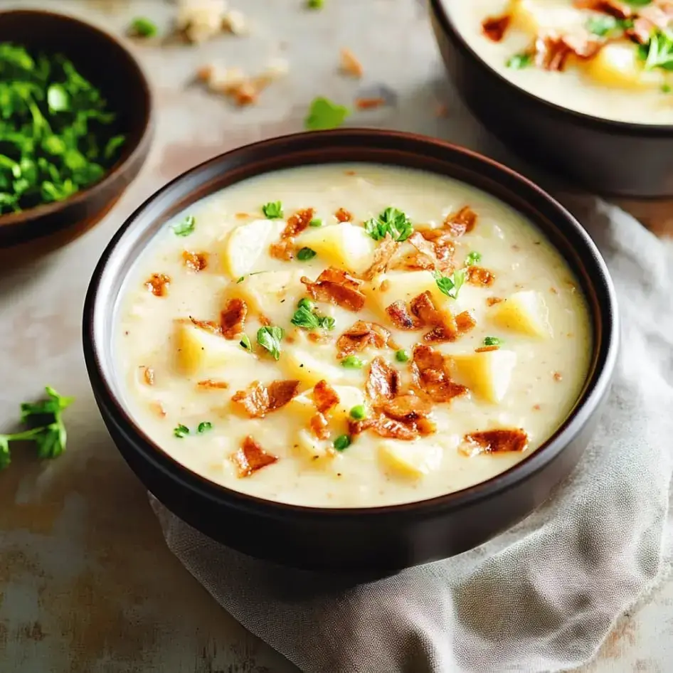 Big bowl of velvety potato soup with crispy bacon and a touch of bright green parsley, plus some cilantro on the side.