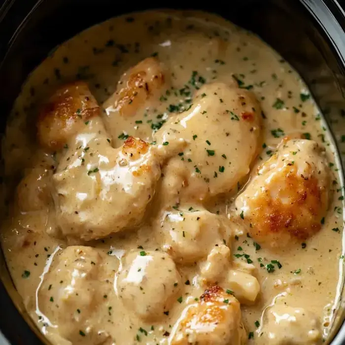 Chunky slow-cooked chicken and biscuits, topped with parsley inside a dark crock-pot.