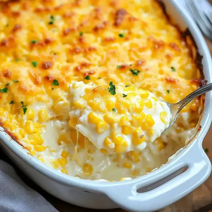 Spoon scooping creamy, cheesy corn from a golden, bubbly baked dish.