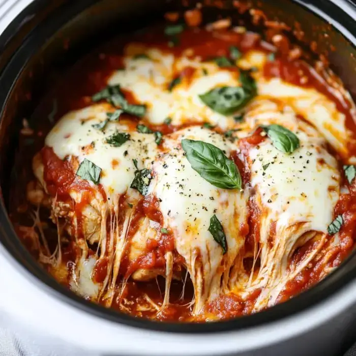 Chicken snuggled in tomato sauce, oozing mozzarella and bright basil, waiting inside a slow cooker.