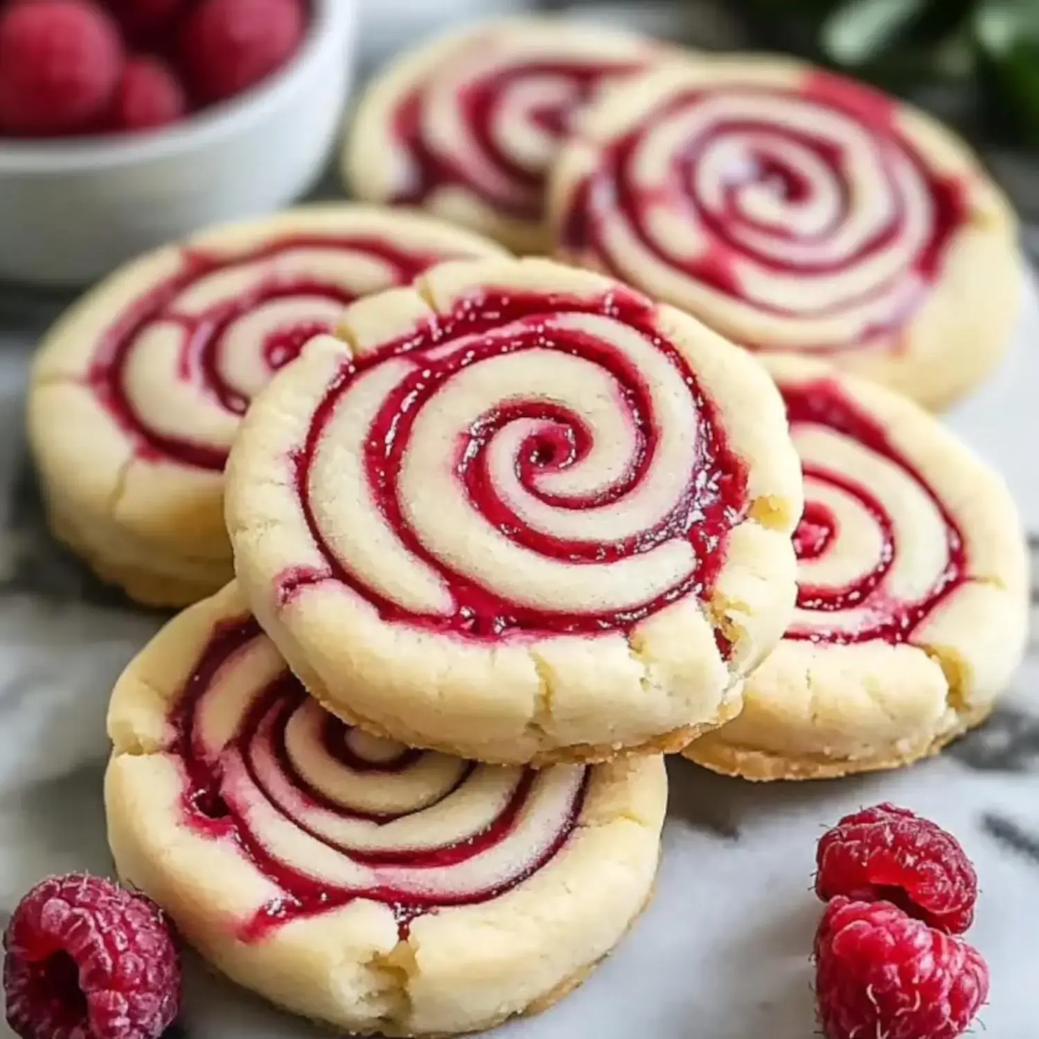 Spiral-looking raspberry cookies close up on marble, plus a bowl of raspberries sitting behind.