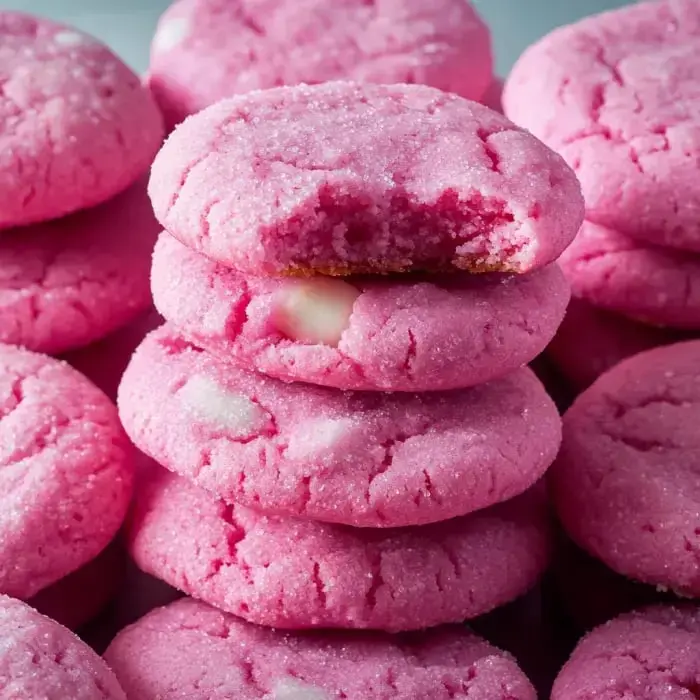 Pile of pink cookies, one with a bite, and more scattered around.