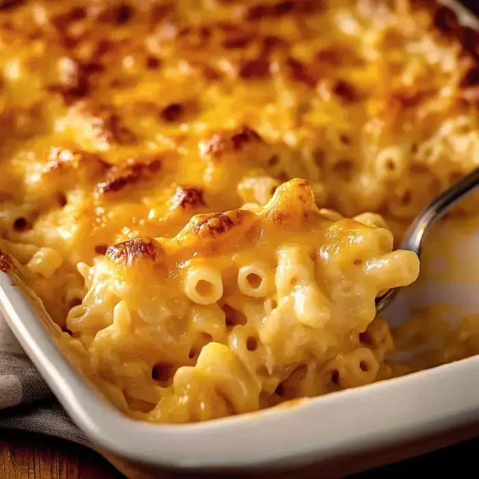 Up-close shot of creamy macaroni and cheese with a crispy, golden edge on top.