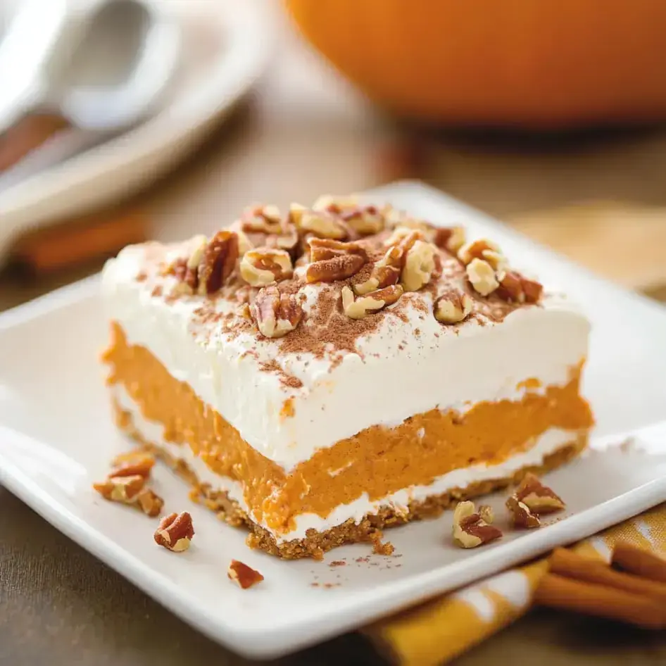 Slice with layers of pumpkin, creamy cheese, nuts, cloudlike topping, and cocoa sprinkle on a plate.