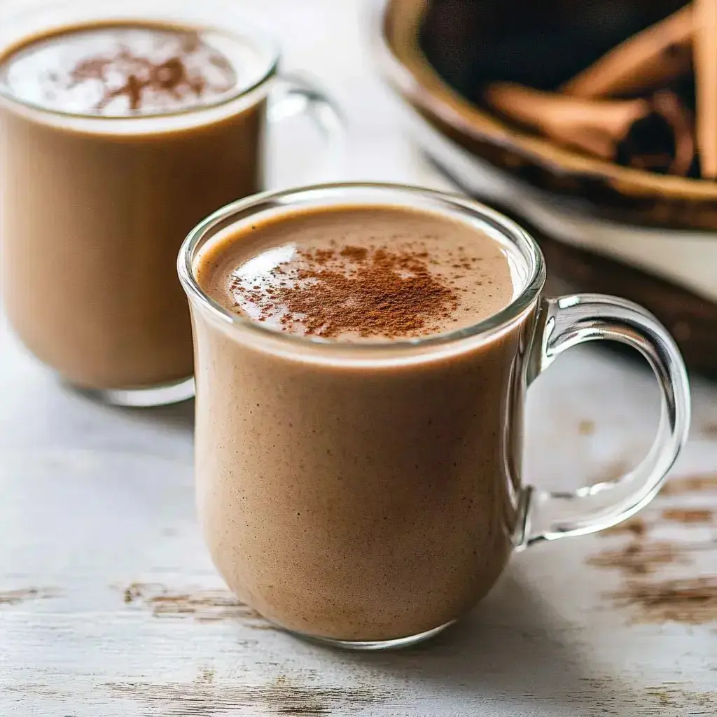 Two glass mugs filled with thick Mexican hot chocolate dusted with cinnamon, next to cinnamon sticks in a small bowl.