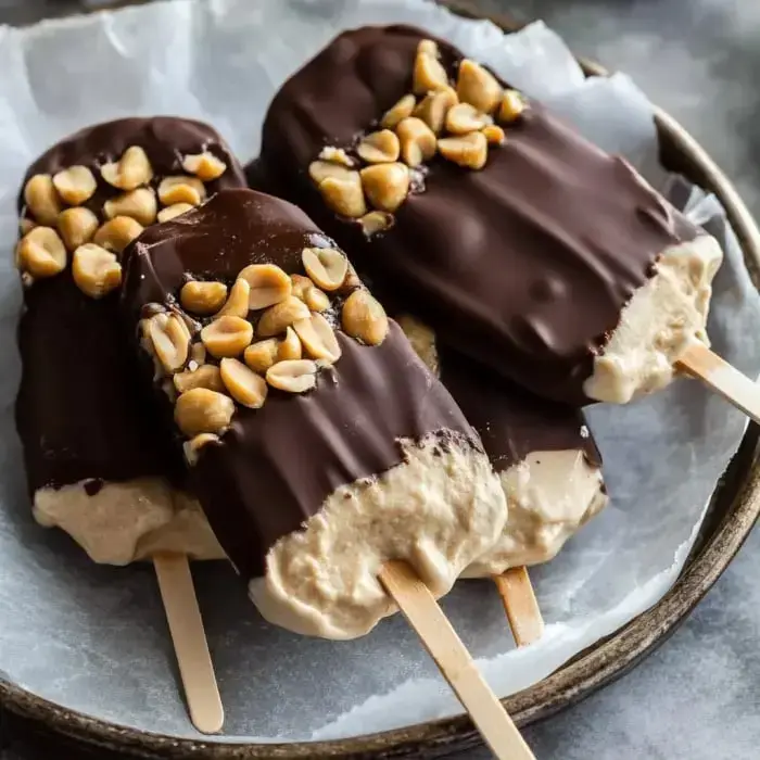 Chocolate-dipped yogurt bars with peanuts on top served on a plate.