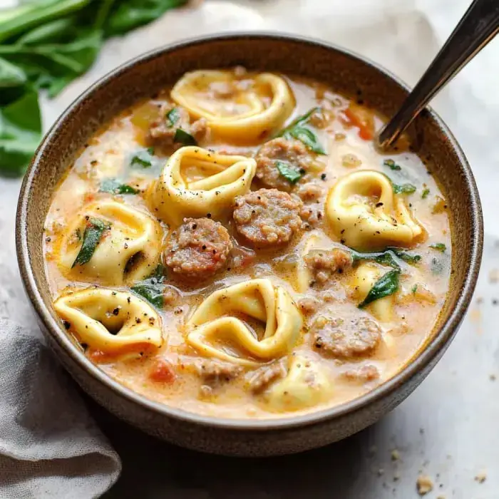 Creamy soup with sausage, spinach, tomatoes, and tortellini in a bowl, finished with fresh black pepper.