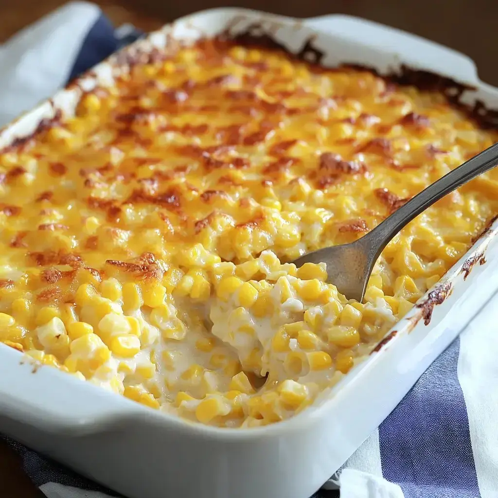Creamy, cheesy corn bake scooped out of a white baking dish.