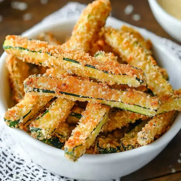 A bowl filled with golden zucchini fries, crispy and perfectly breaded for a satisfying crunch.