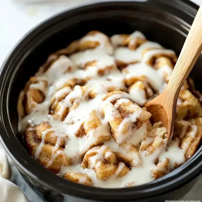 Close shot of cinnamon rolls with icing in a black slow cooker and a wooden spoon to the side.
