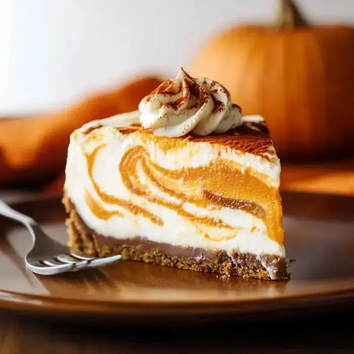 Thick pumpkin cheesecake slice with creamy swirls, finished with a swirl of whipped cream. Cozy autumn touches in the background.
