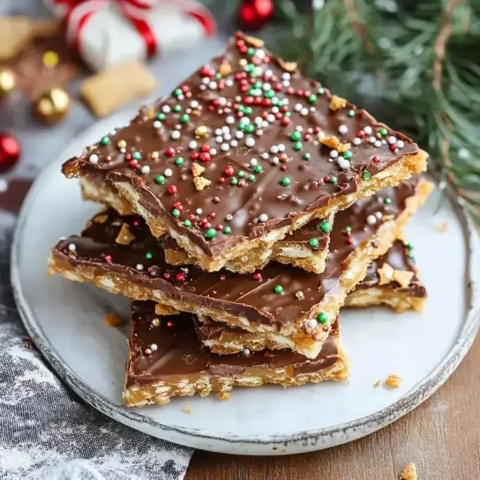 Chocolate-drizzled cracker toffee stacked on a plate, covered in colorful sprinkles, set on wood with holiday stuff nearby.