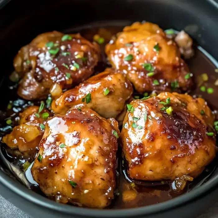 Up-close shot of glossy, saucy chicken thighs sprinkled with green onions.