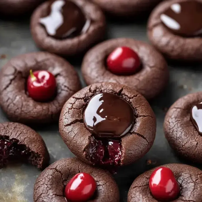 Close view of fudgy cocoa cookies with shiny ganache centers and vibrant cherries.