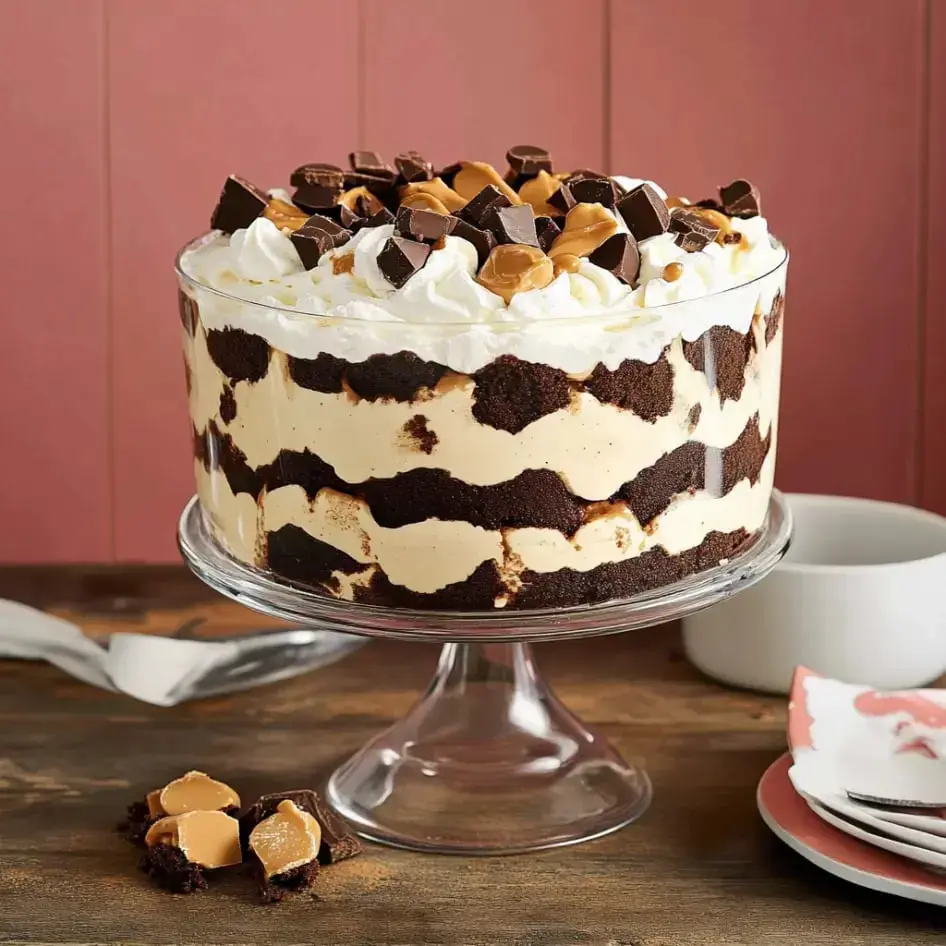 Glass dish packed with chocolate, creamy layers, and heaps of whipped topping, dotted with chopped chocolate treats.