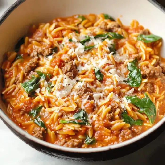 A creamy bowl of orzo pasta mixed with ground beef, spinach, and topped with cheese.