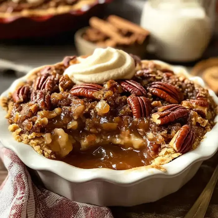 Gooey pecan cobbler with whipped cream, one slice served to show off those nutty layers.