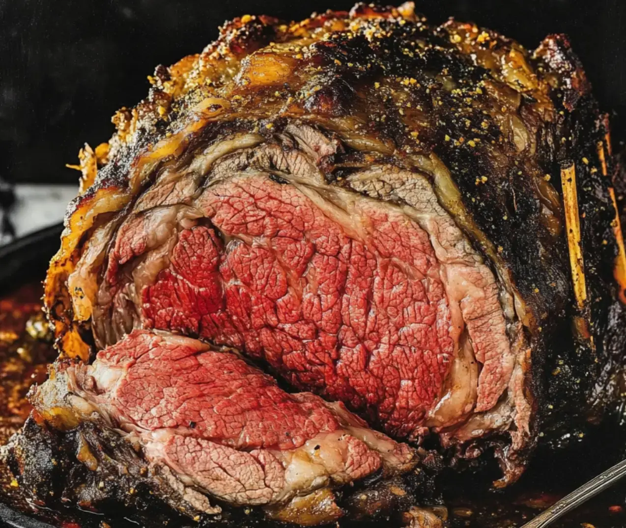 A thick slice of pink prime rib with a crispy, browned crust sits on a black plate—looks super juicy.